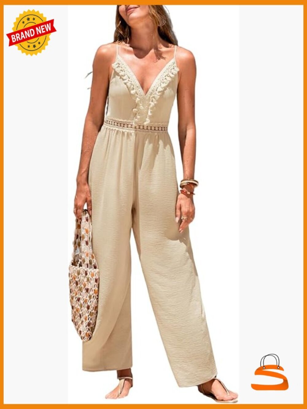 Sleeveless V-Neck Lace Trim Wide Leg Jumpsuit, Casual One Piece Outfit